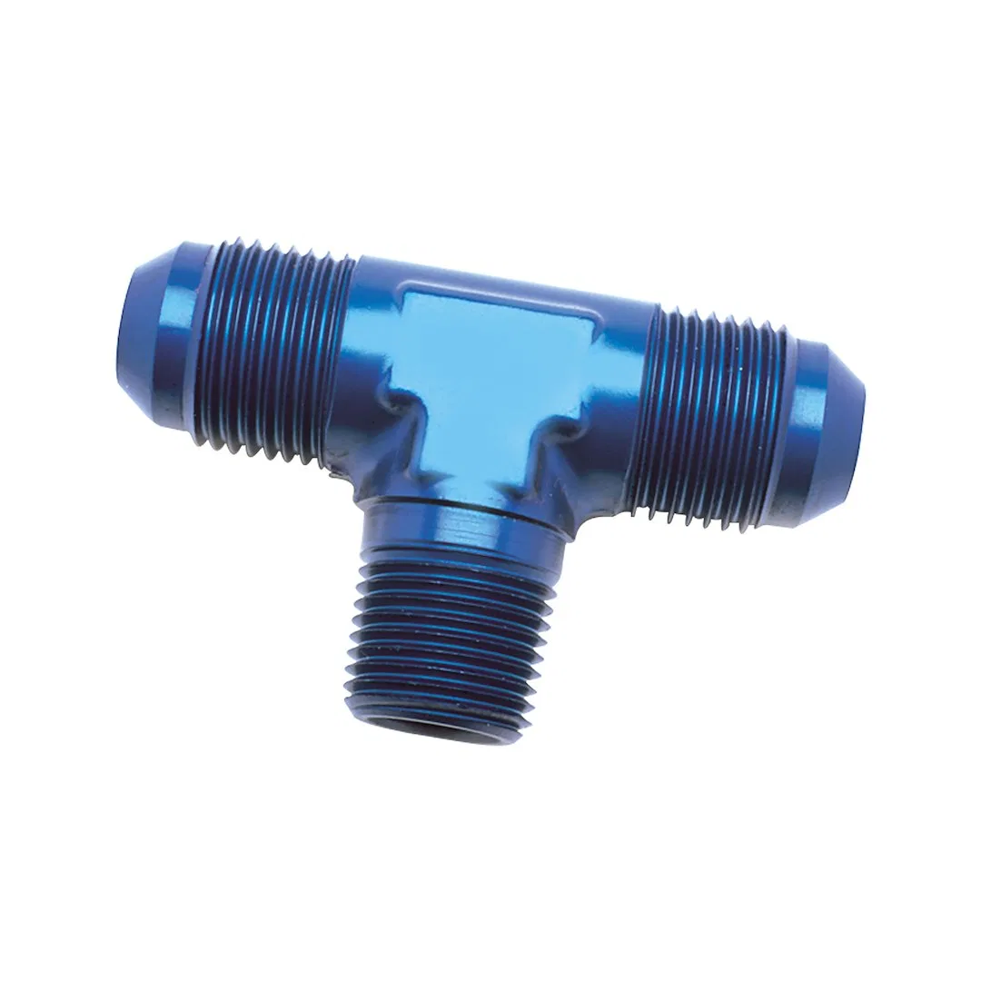 560825 – SPEEDFX Coupler Fitting, 180 Degree Flare to Pipe Tee -8AN x 3/8 Inch NPT Anodized Blue Aluminum Single